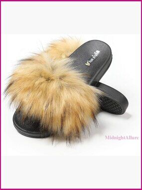 Faux Fur Slides Fuzzy Slippers Fluffy Sandals Indoor Outdoor Wear